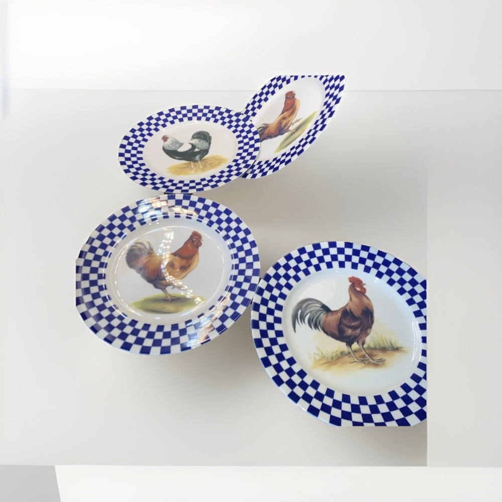 Set of 4 Williams Sonoma Rooster Salad plates 8 1/8" Blue Check **READ**